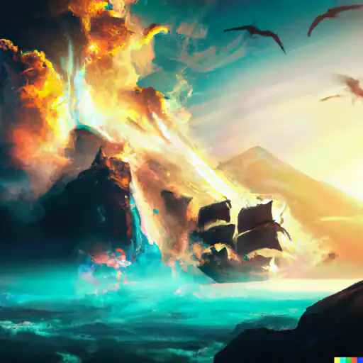 DALL·E 2022 10 25 17.06.38   colorful splashes and explosions as An old ship in a wild ocean of clouds beneath the mountains in the sunrise, digital Art  gigapixel low_res scale 6_00x